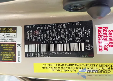 2009 Toyota Camry Le из США, поврежденный, VIN 4T1BE46KX9U897887